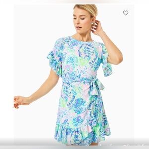Lilly Pulitzer Blue Green Floral Mini Dress Ruffle Sleeve Size 10